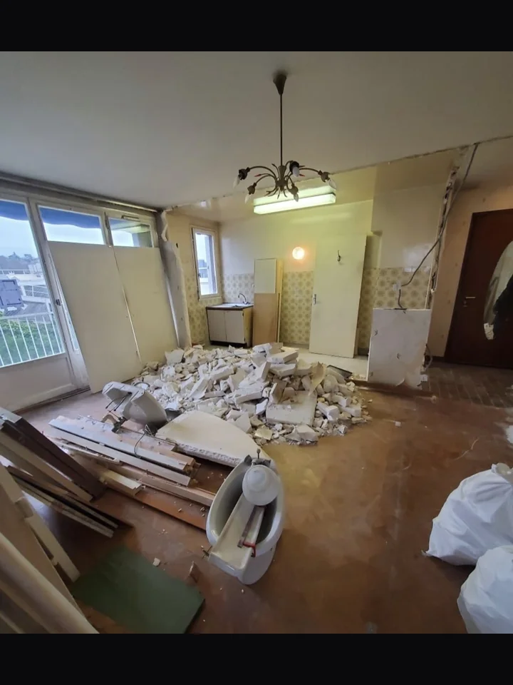 Avant rénovation — appartement en démolition complète cloisons arrachées